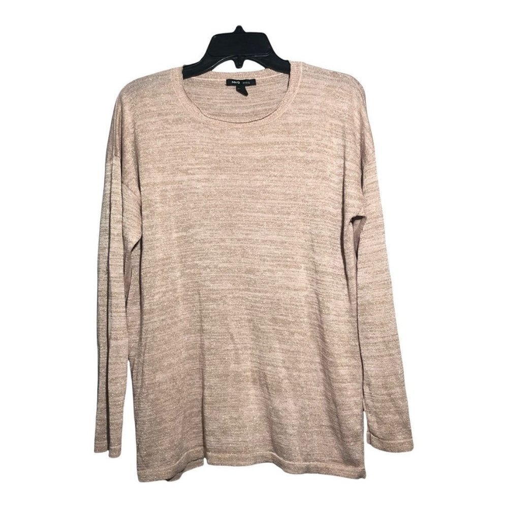 Mng Sweater Women Size L Long Sleeve Crew Pink Glitter Shimmer Metallic Button